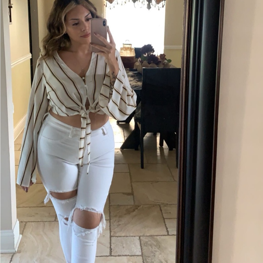 Forever 21 White Crop Top with Brown Stripes - Tie Front